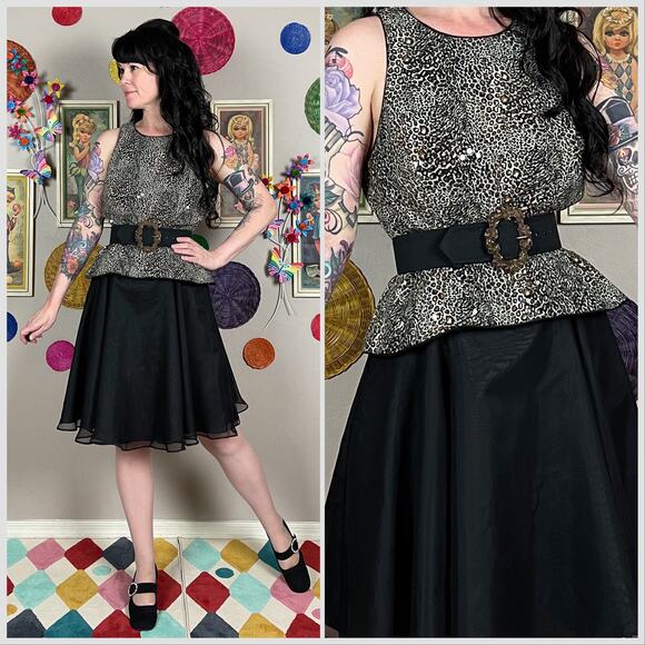 Vintage 1980s Leopard Print Sequins Chiffon Fit and Flare Dress - Picture 1 of 9